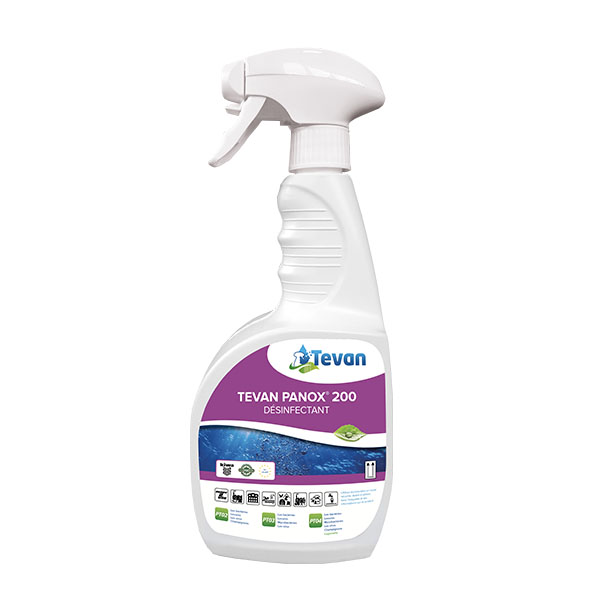 Tevan Panox 200 : Bouteille + spray 750 ml de désinfectant prêt à l'emploi à base de peroxyde d'hydrogène